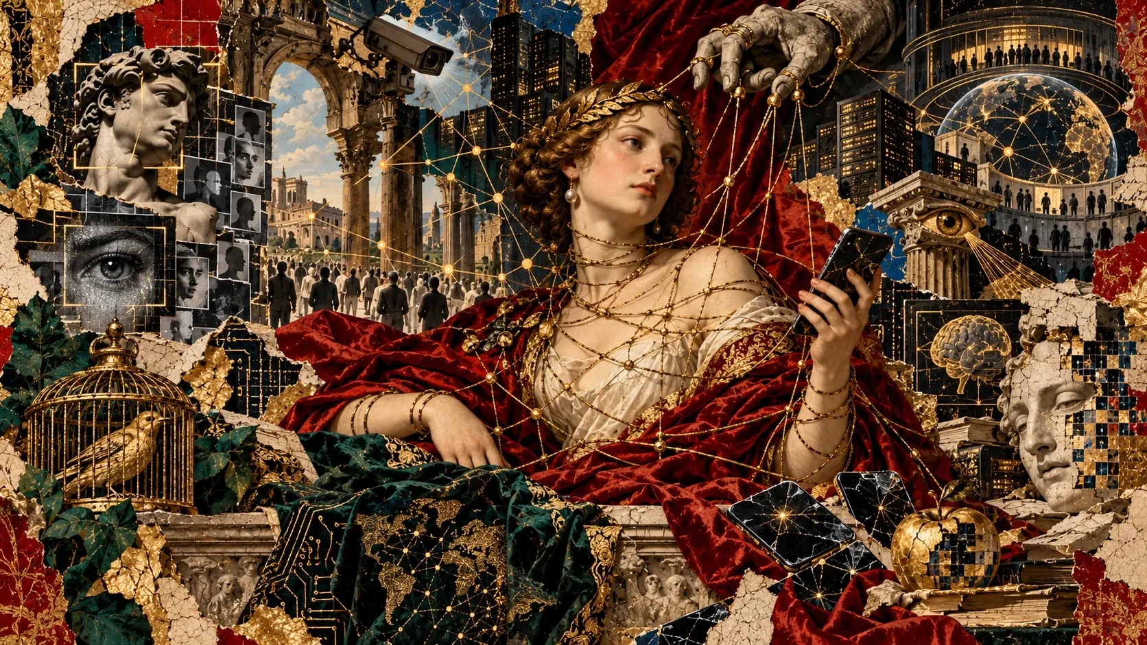 Collage: una figura clásica con un móvil en la mano, envuelta en una red de hilos dorados que maneja una mano desde arriba, rodeada de cámaras de vigilancia, rostros catalogados, un pájaro en una jaula y una ciudad de rascacielos